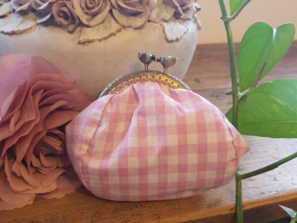 pink gingham purse 3x4 Handmade pink and white gingham check coin purse with an antique bronze metal kiss-lock clasp
