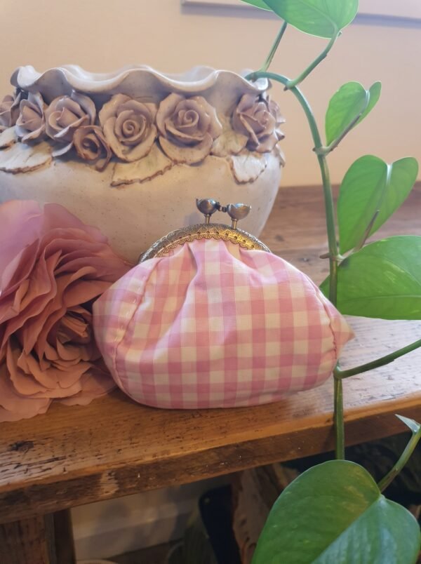 pink gingham purse 3x4 Handmade pink and white gingham check coin purse with an antique bronze metal kiss-lock clasp