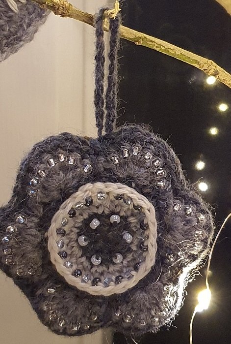 Crocheted grey beaded flower Bauble