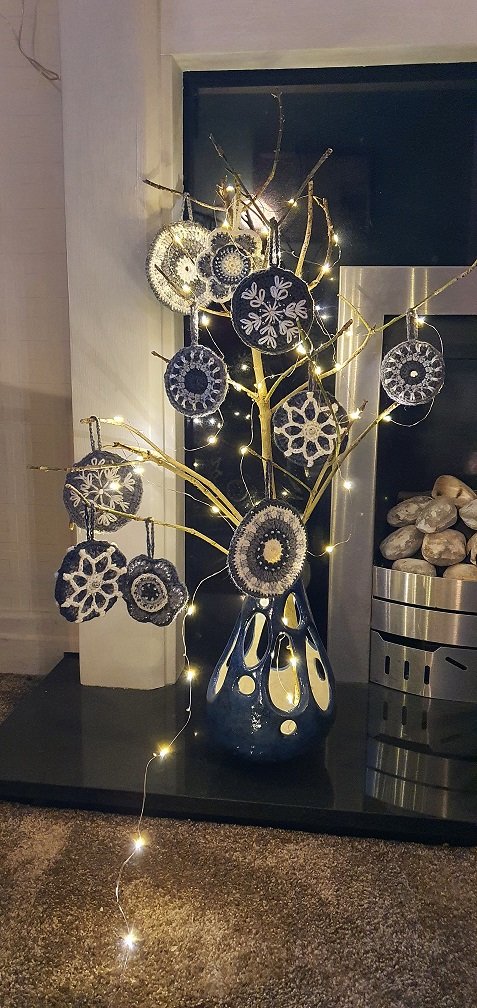 Crocheted grey Christmas bauble decorations