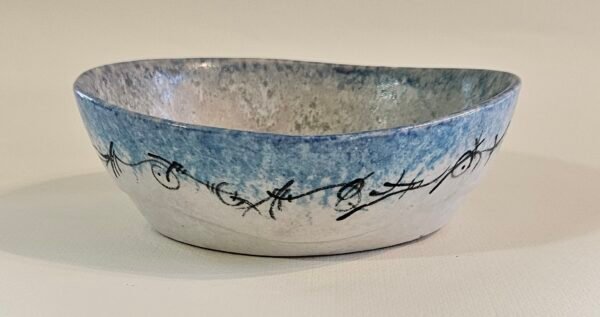 Handbuilt Oval Ceramic Bowl – Calligraphic Line Art & Sky Blue Glaze (18 cm)
