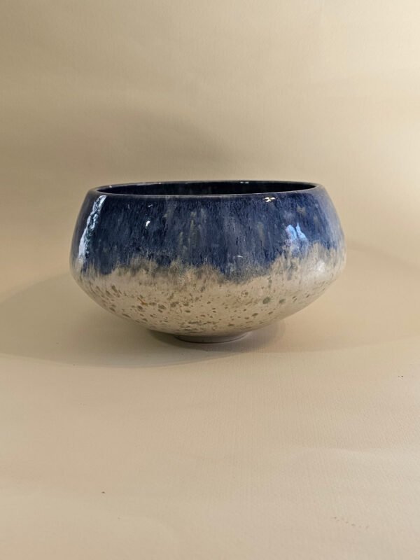 Handbuilt stoneware centrepiece bowl in deep indigo and speckled cream glaze