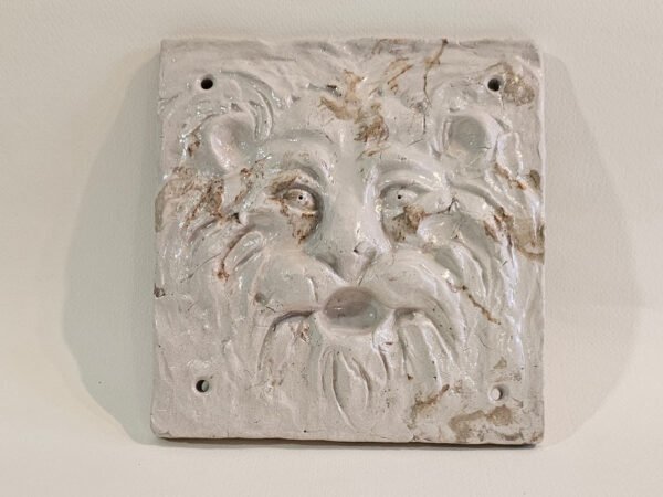 white-green-man-plaque-3x4 White glazed ceramic Green Man face wall plaque with four mounting holes